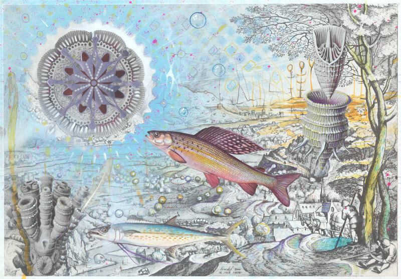 Surreal fish and landscape collage