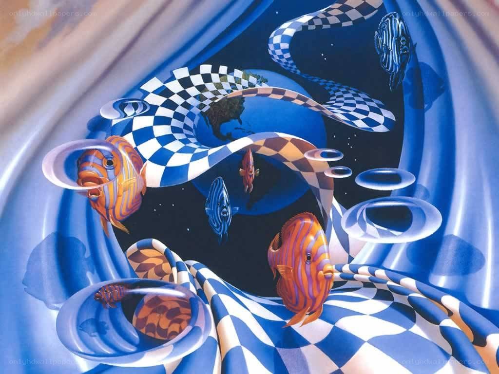Surreal fish in a checkered tunnel