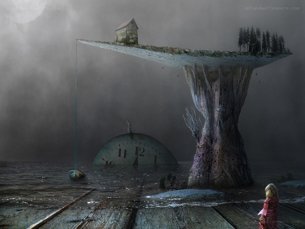 surreal floating island scene