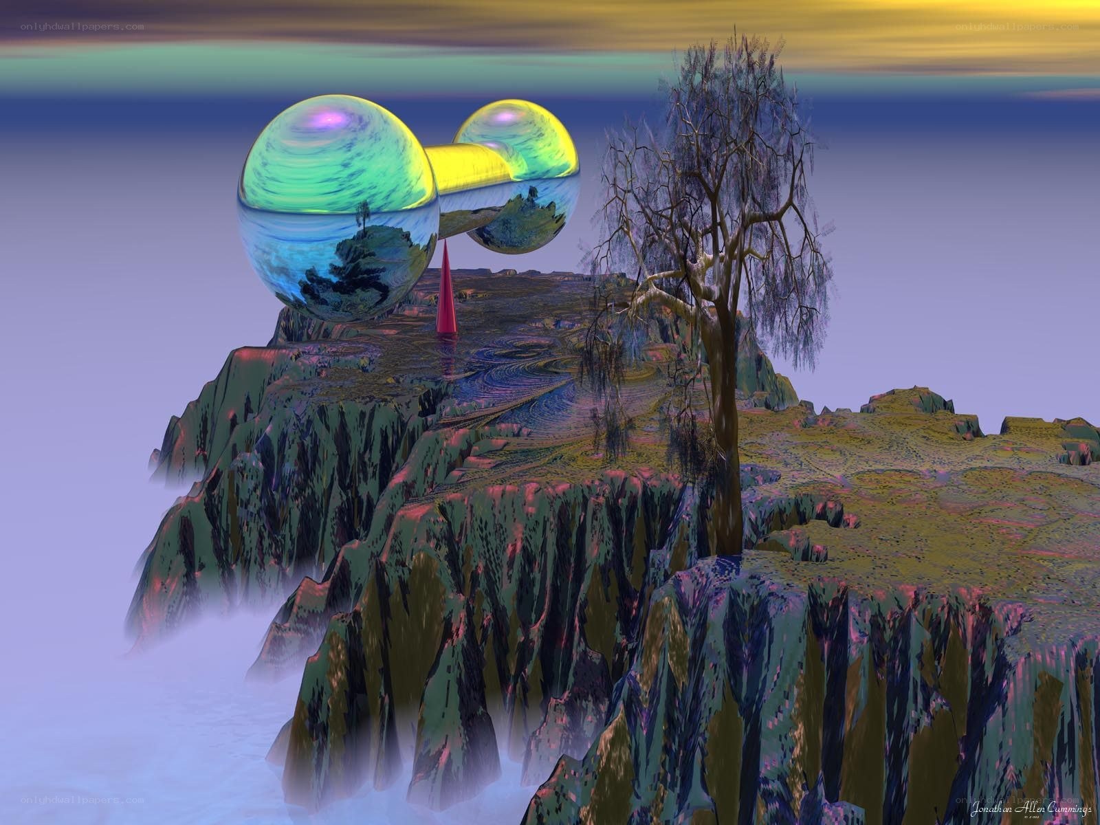 Surreal floating island with glowing orbs