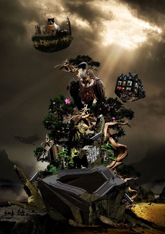 Surreal floating islands collage