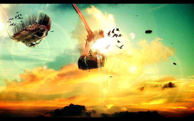 surreal floating objects at sunset