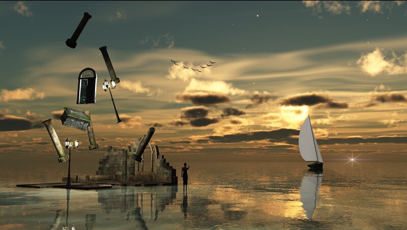 surreal floating ruins at sunset