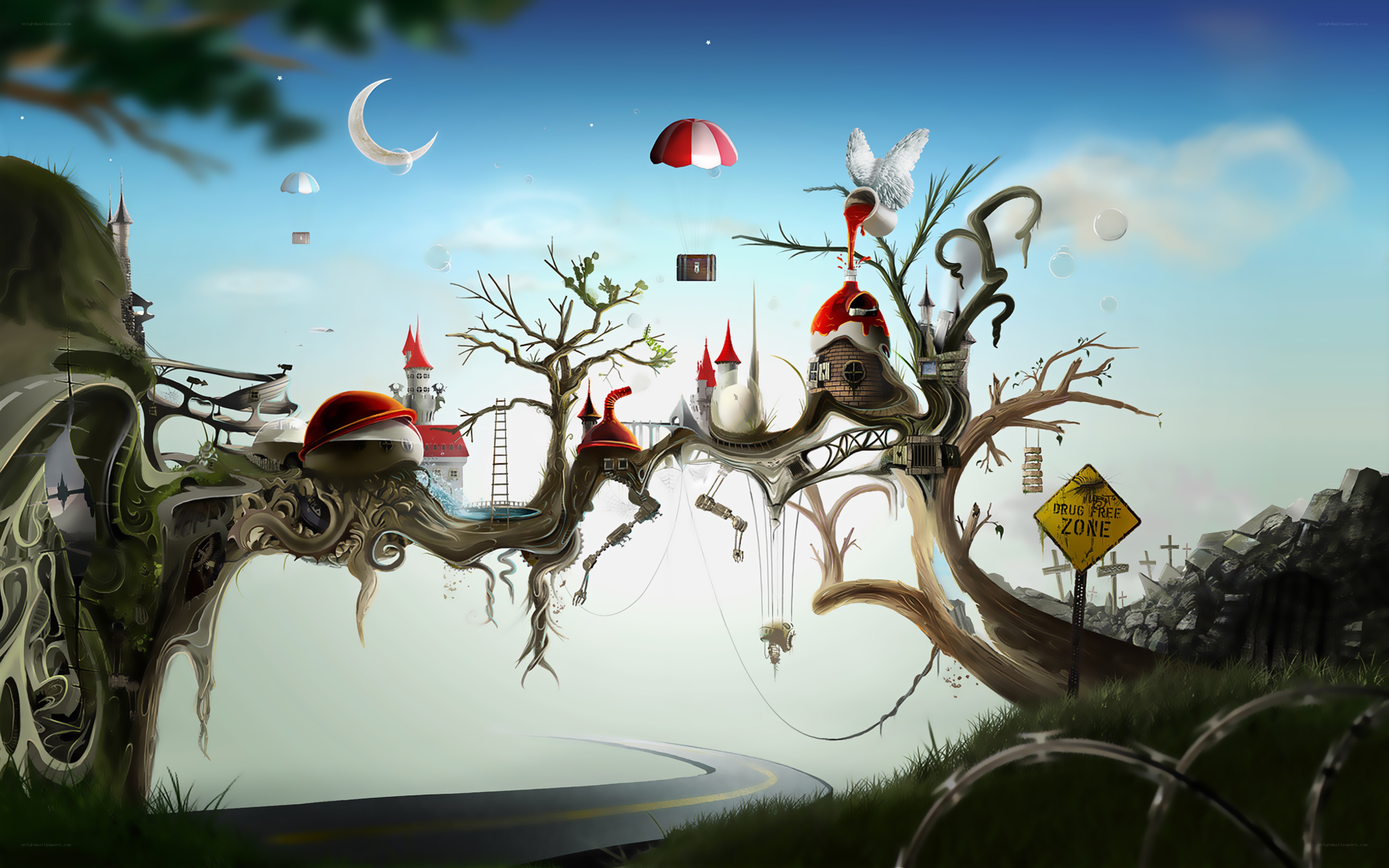 surreal floating tree village