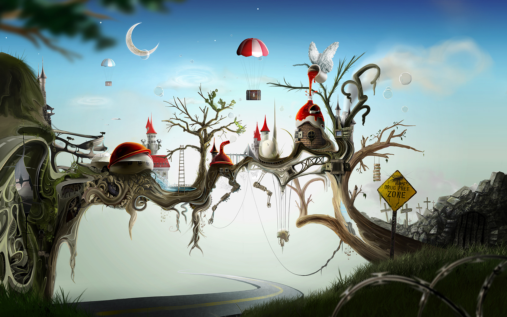 surreal floating tree village