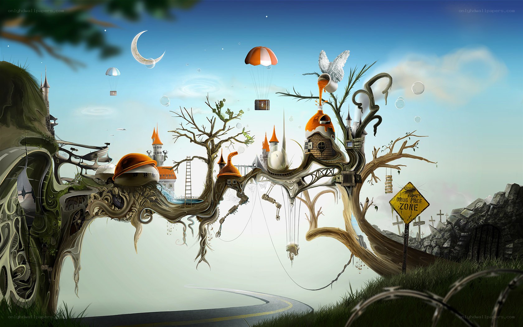 surreal floating tree village