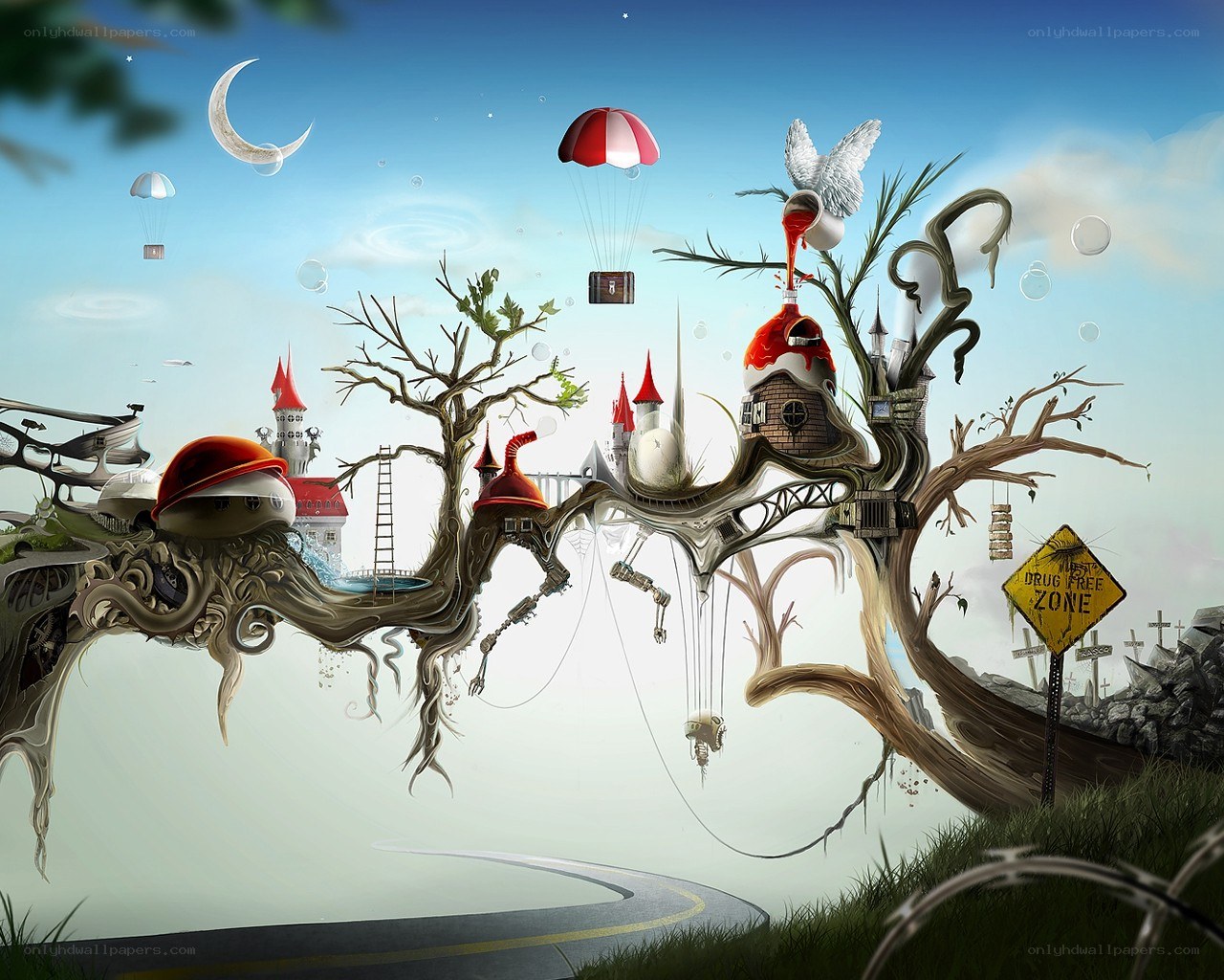 Surreal floating tree village