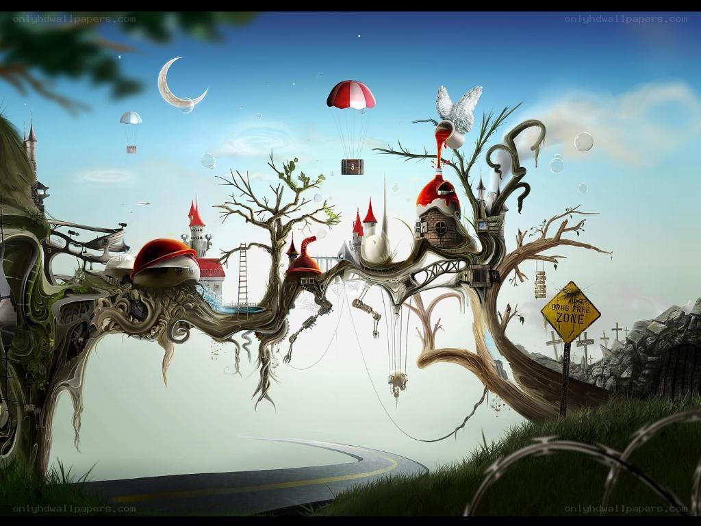surreal floating tree village