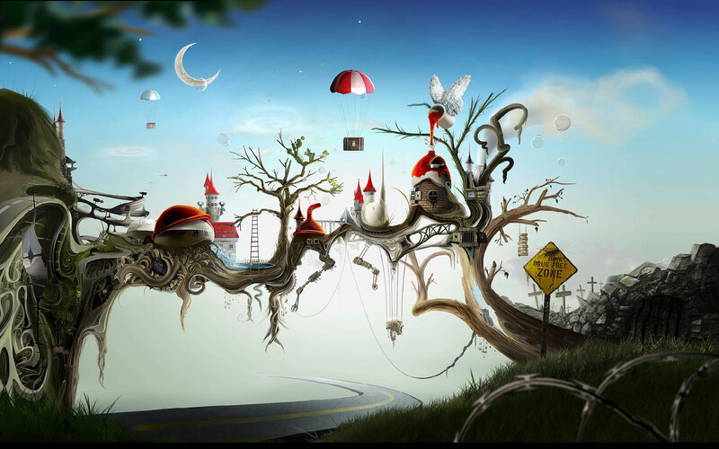surreal floating tree village