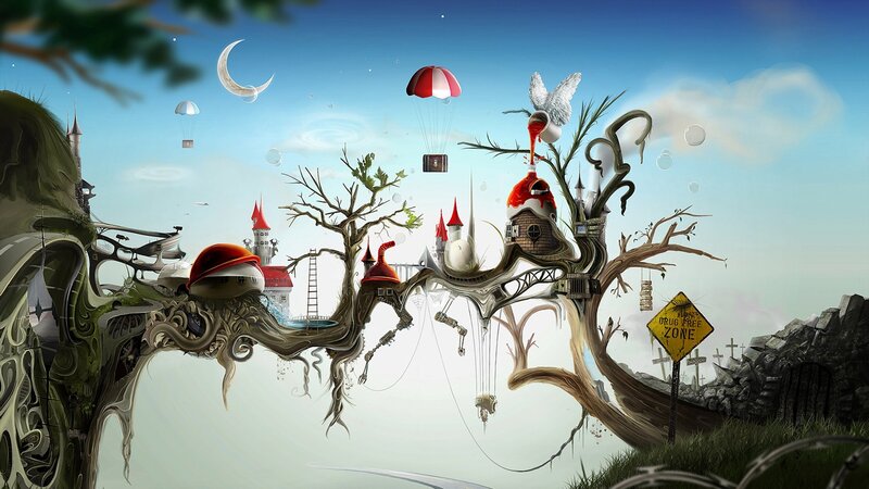 surreal floating tree world