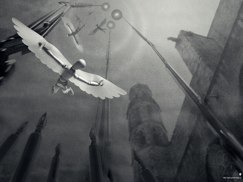 Surreal flying figure in fog