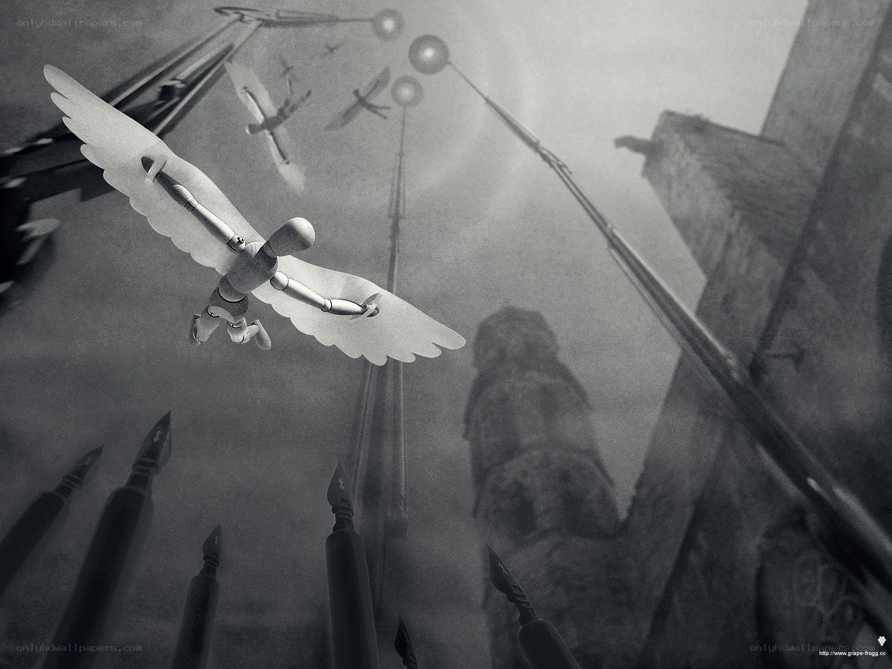 Surreal flying figure in fog