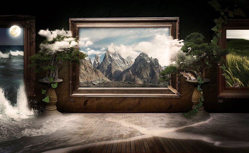 Surreal gallery with nature scenes