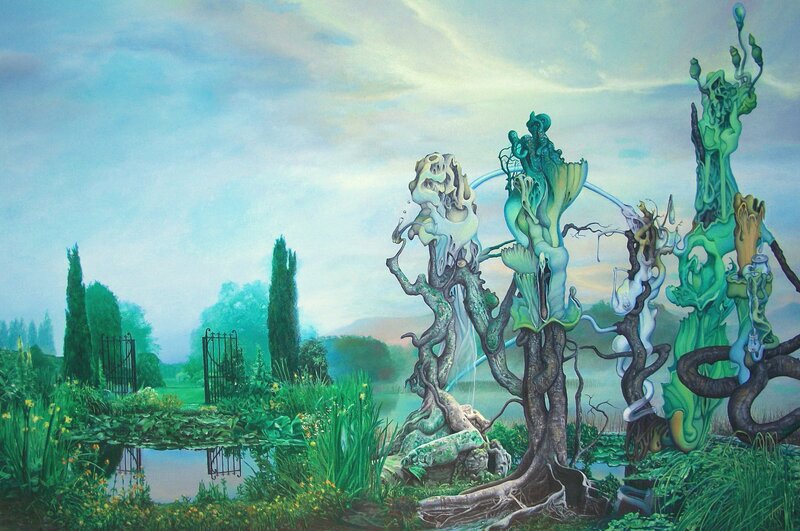 Surreal garden with melting figures