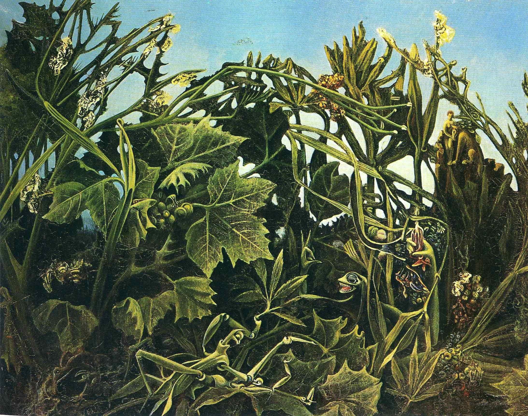 Surreal garden with strange creatures