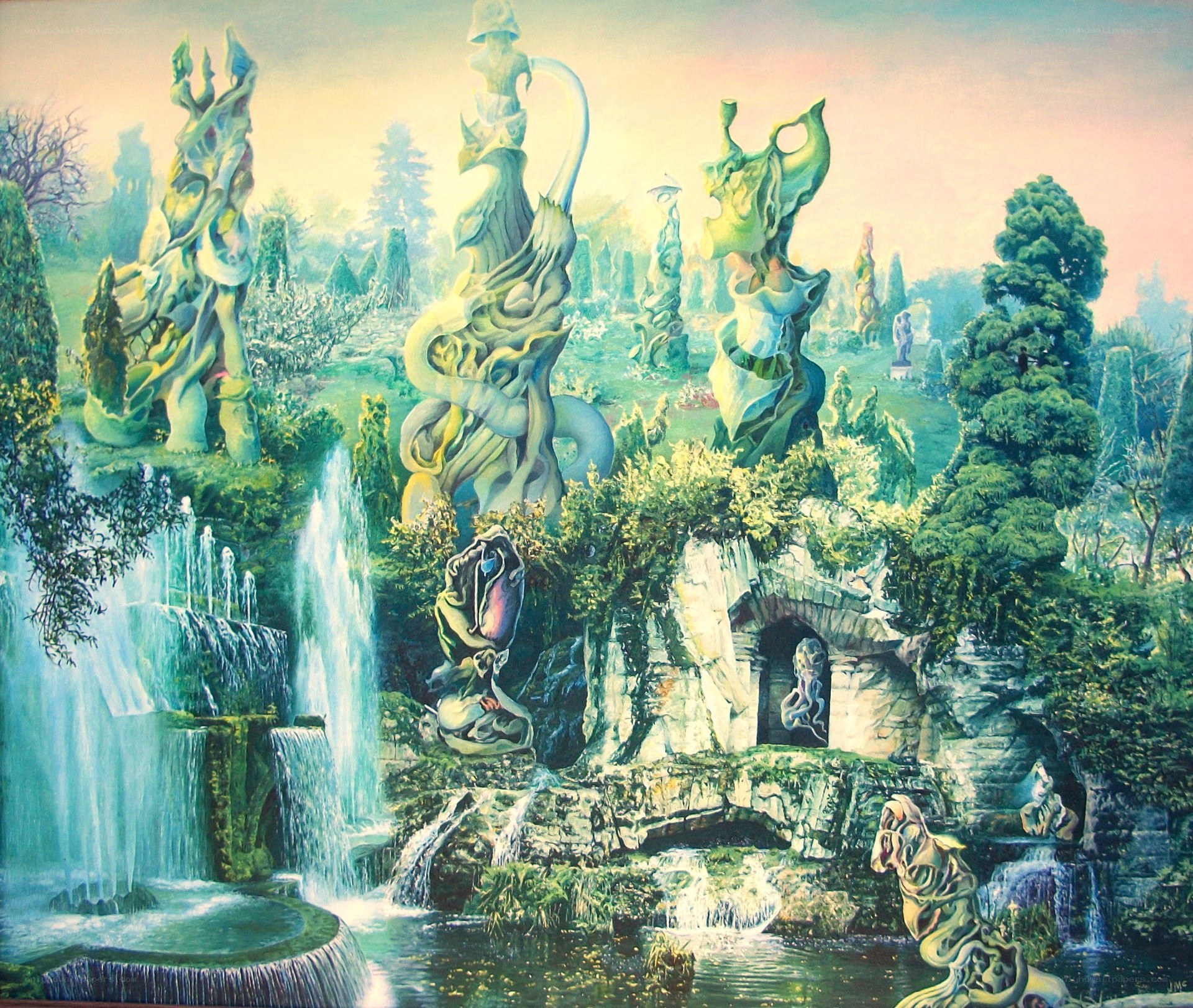 Surreal garden with waterfalls