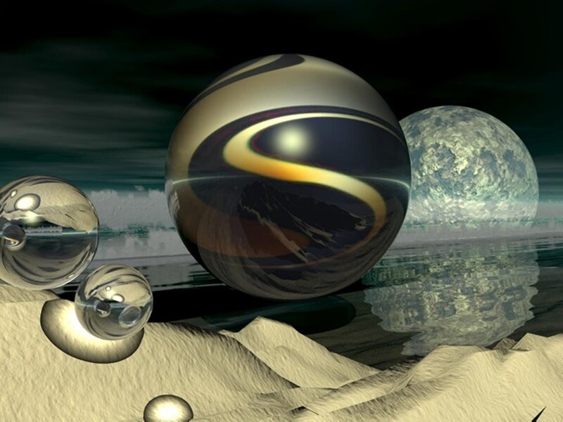 surreal glass spheres on alien landscape