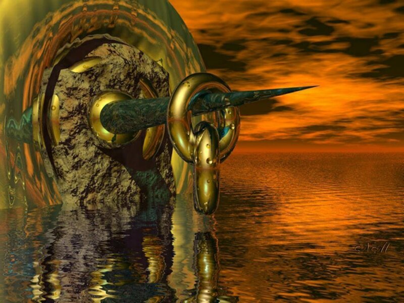 Surreal golden sculpture at sunset
