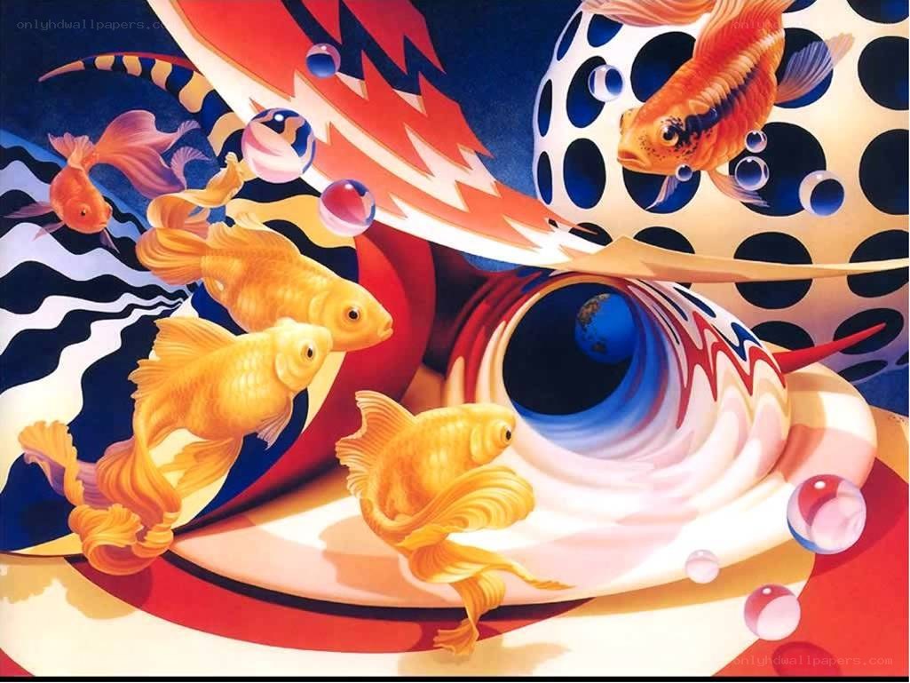 Surreal goldfish in abstract world