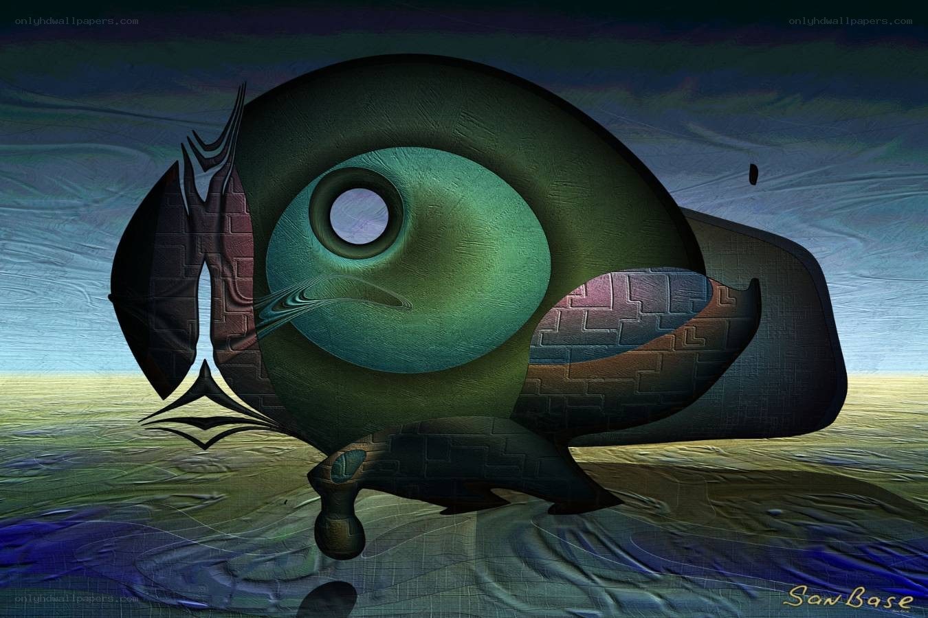 surreal green creature on landscape