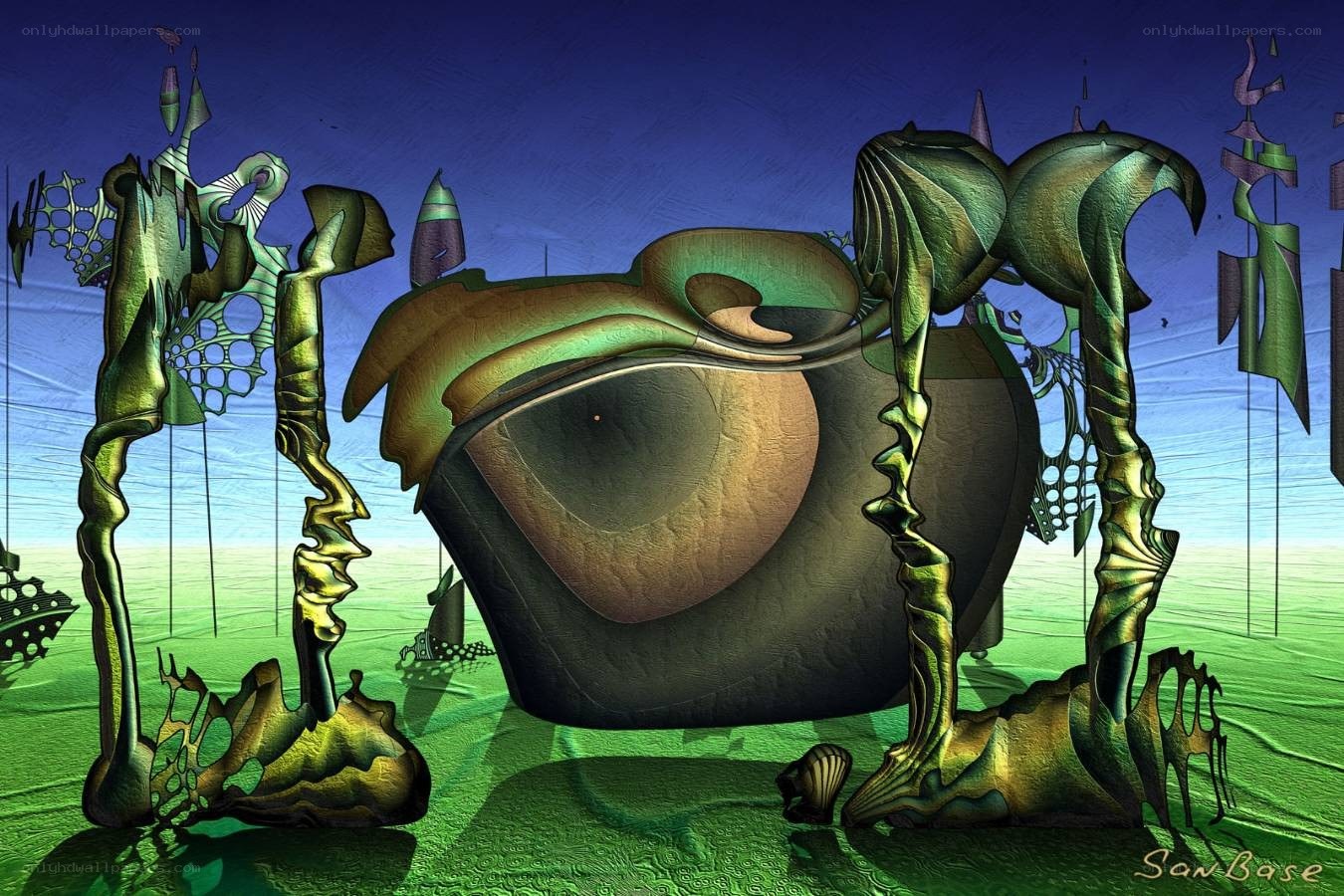 surreal green landscape with abstract figures
