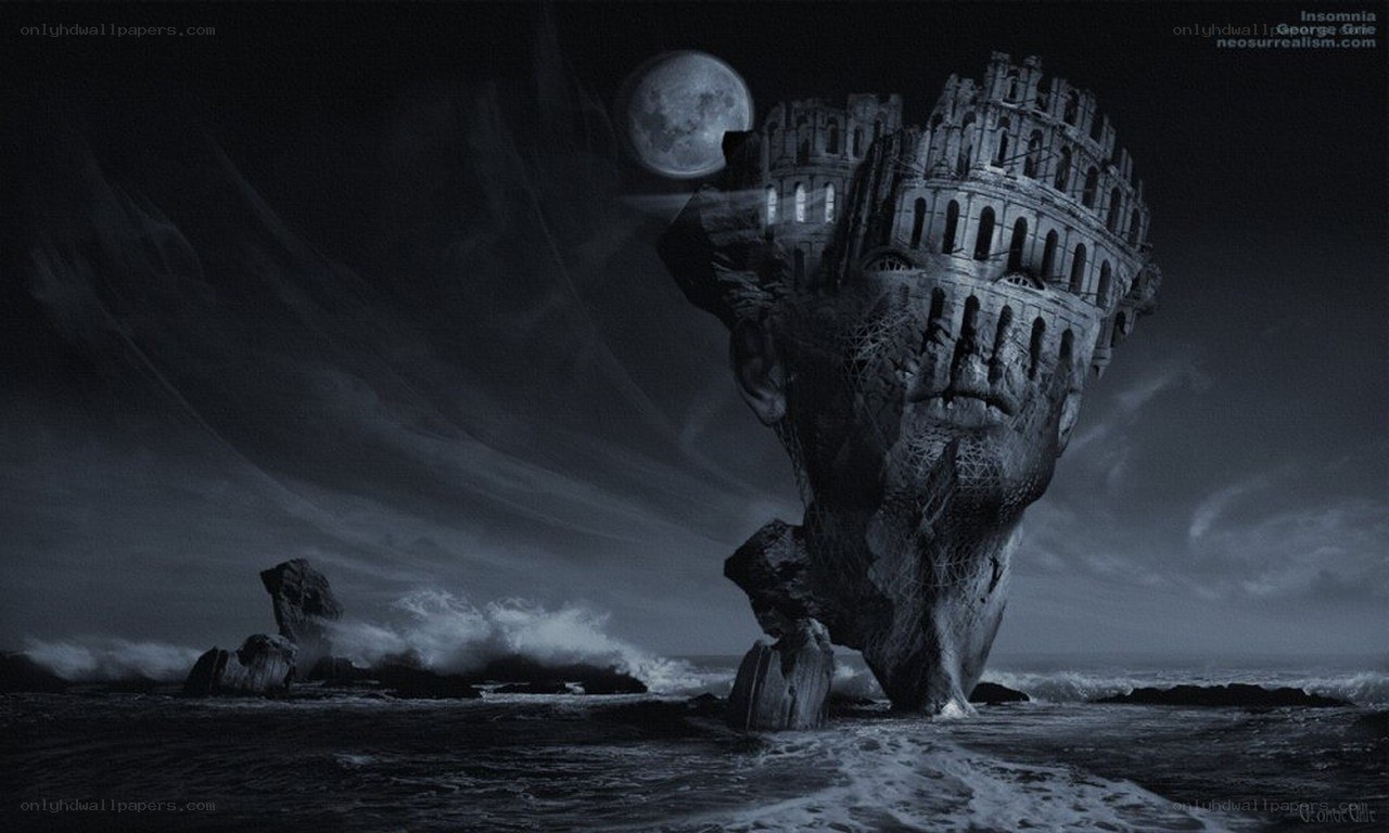 Surreal head with castle on beach