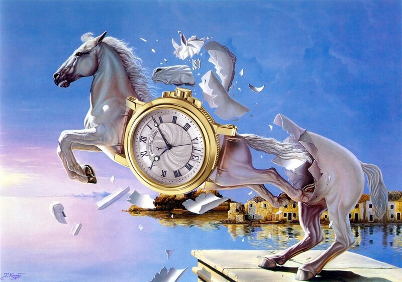 Surreal horse breaking through clock