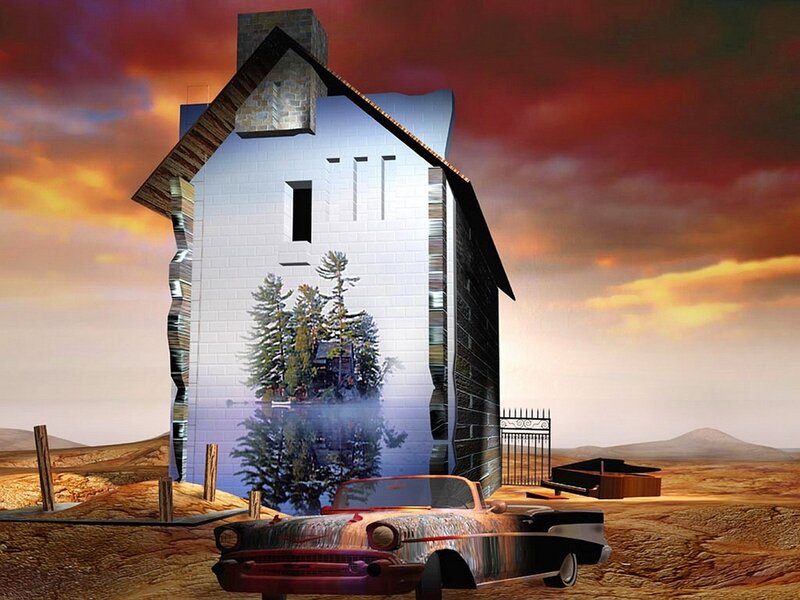 Surreal house in desert landscape