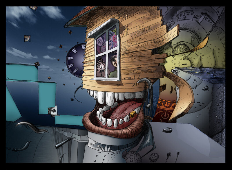 Surreal house with giant mouth
