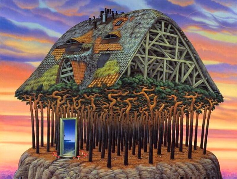 surreal house with tree roots
