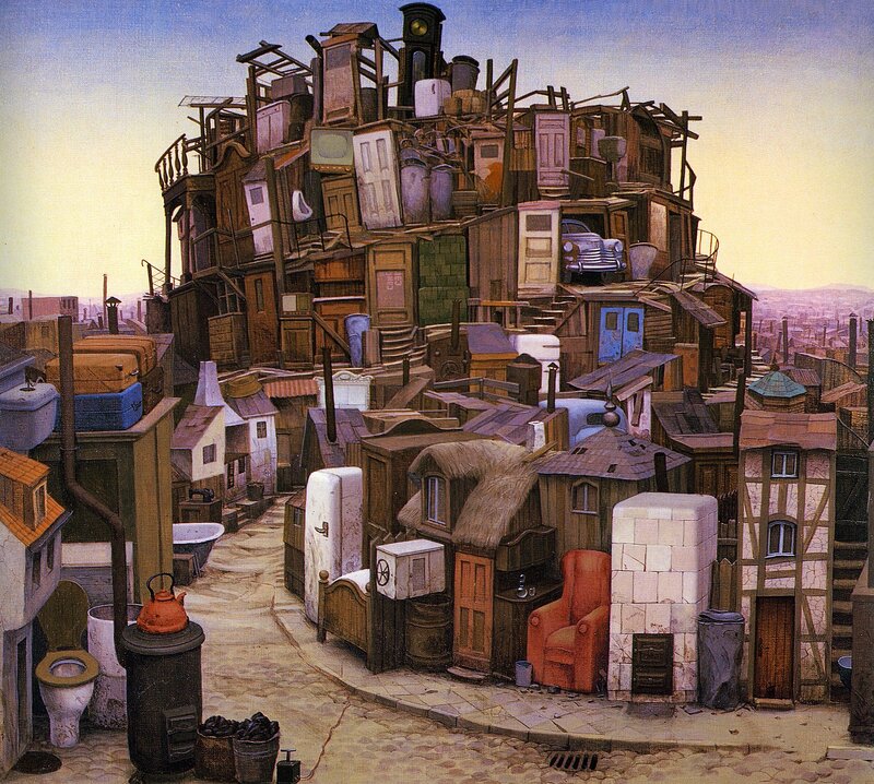 Surreal junkyard cityscape