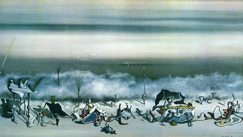 Surreal landscape with abstract figures