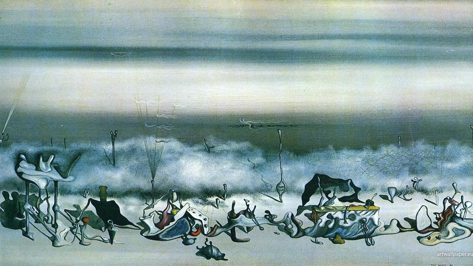 Surreal landscape with abstract figures