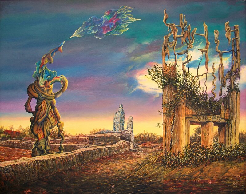 Surreal landscape with alien figures