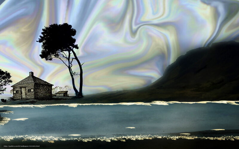 Surreal landscape with cabin