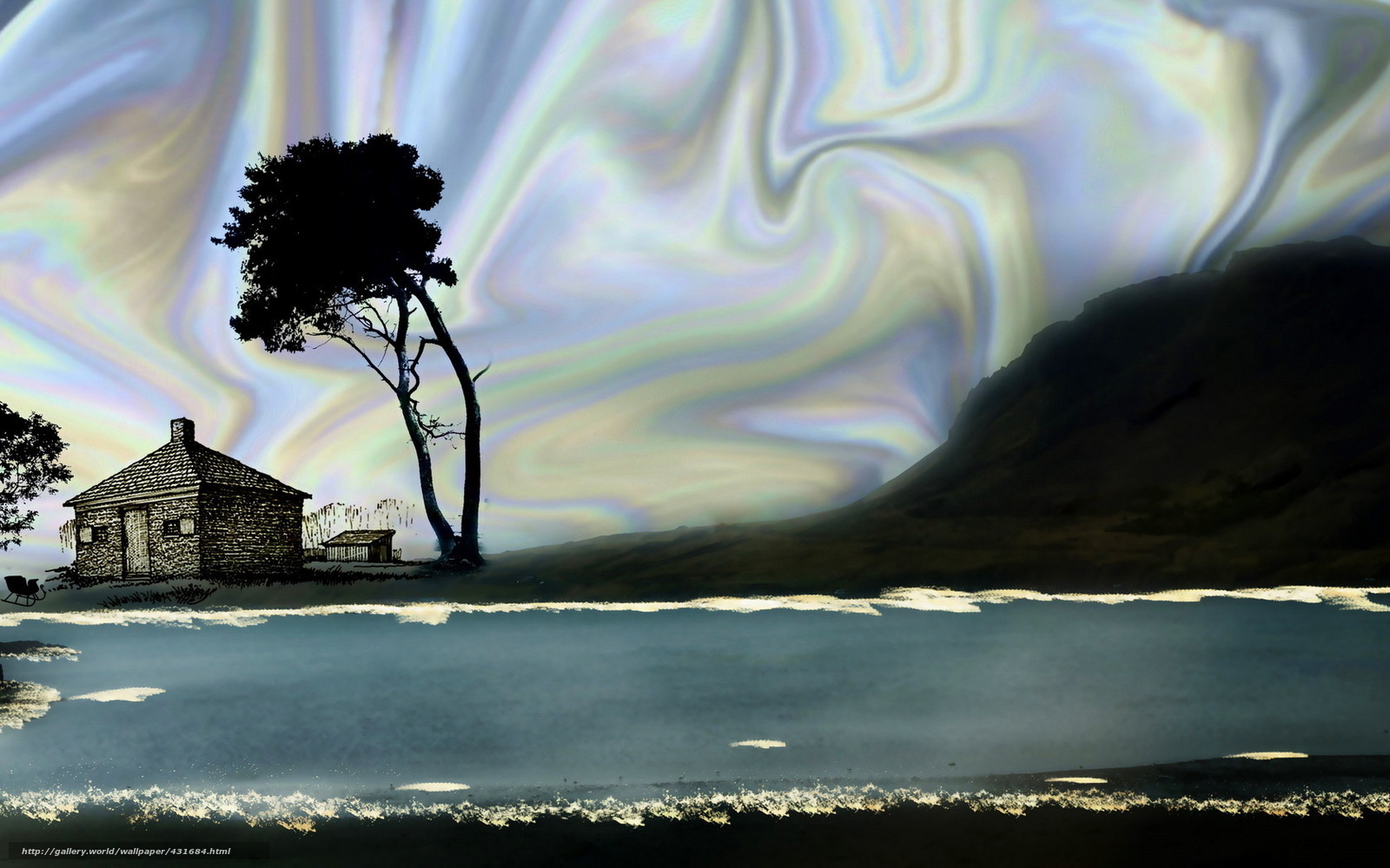 Surreal landscape with cabin