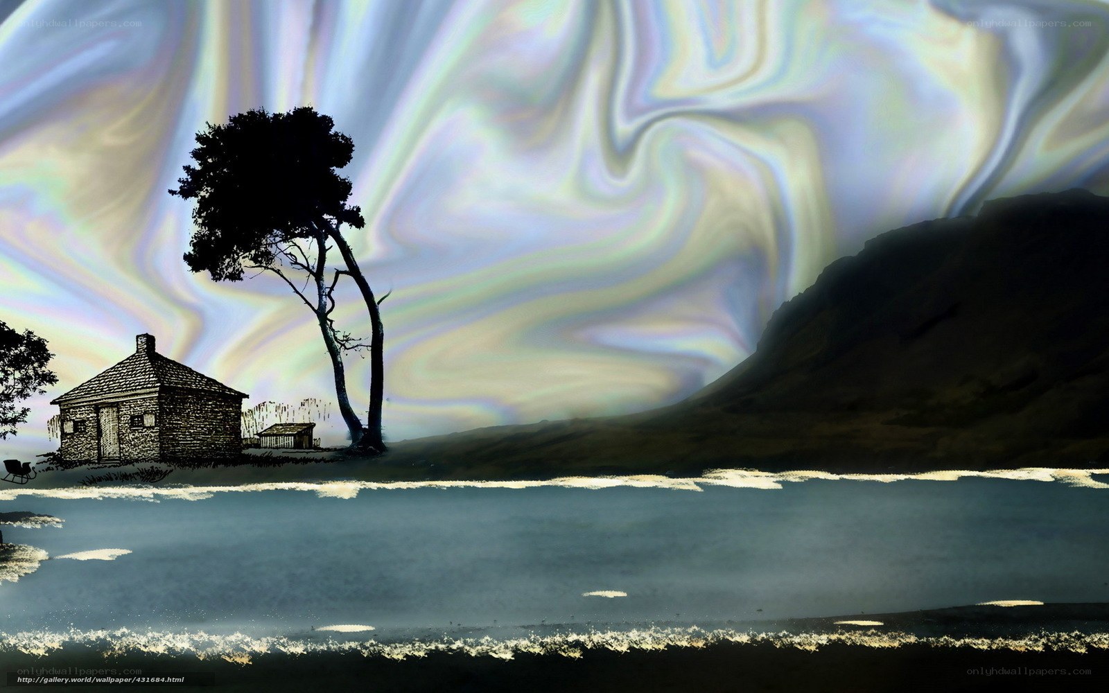 Surreal landscape with cabin