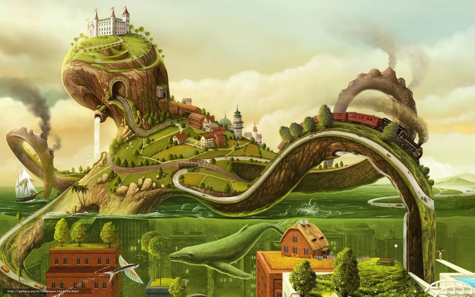 surreal landscape with castle and train