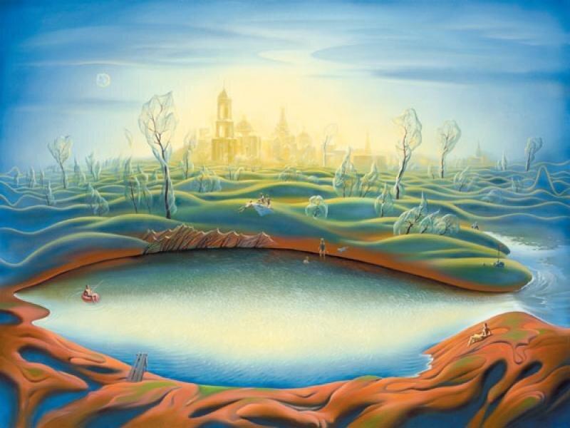 Surreal landscape with city in distance