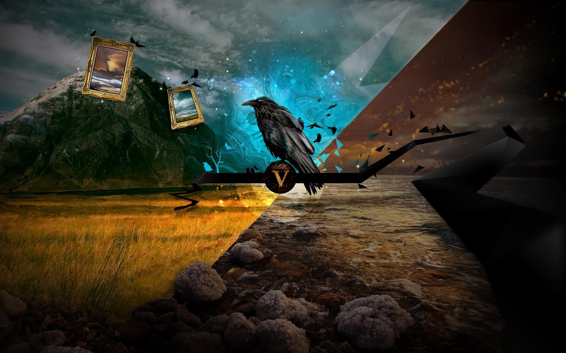 surreal landscape with crow