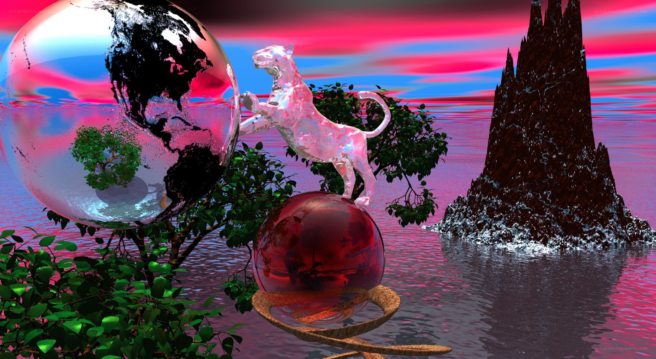 surreal landscape with crystal animals