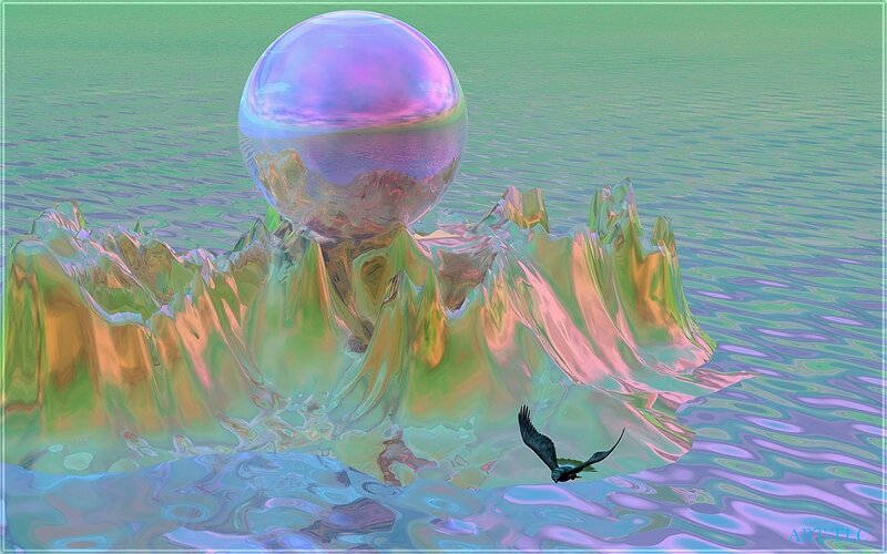Surreal landscape with crystal sphere
