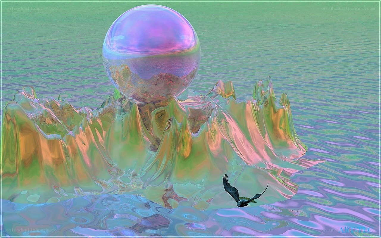 Surreal landscape with crystal sphere