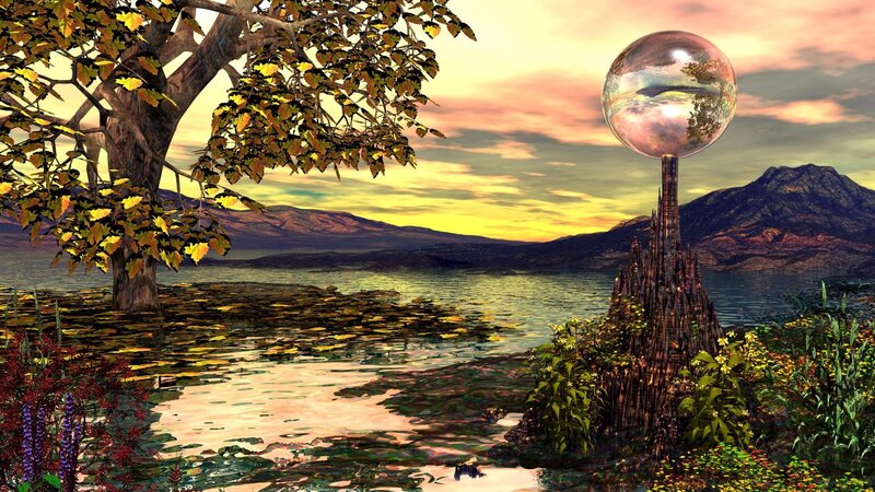 Surreal landscape with crystal sphere