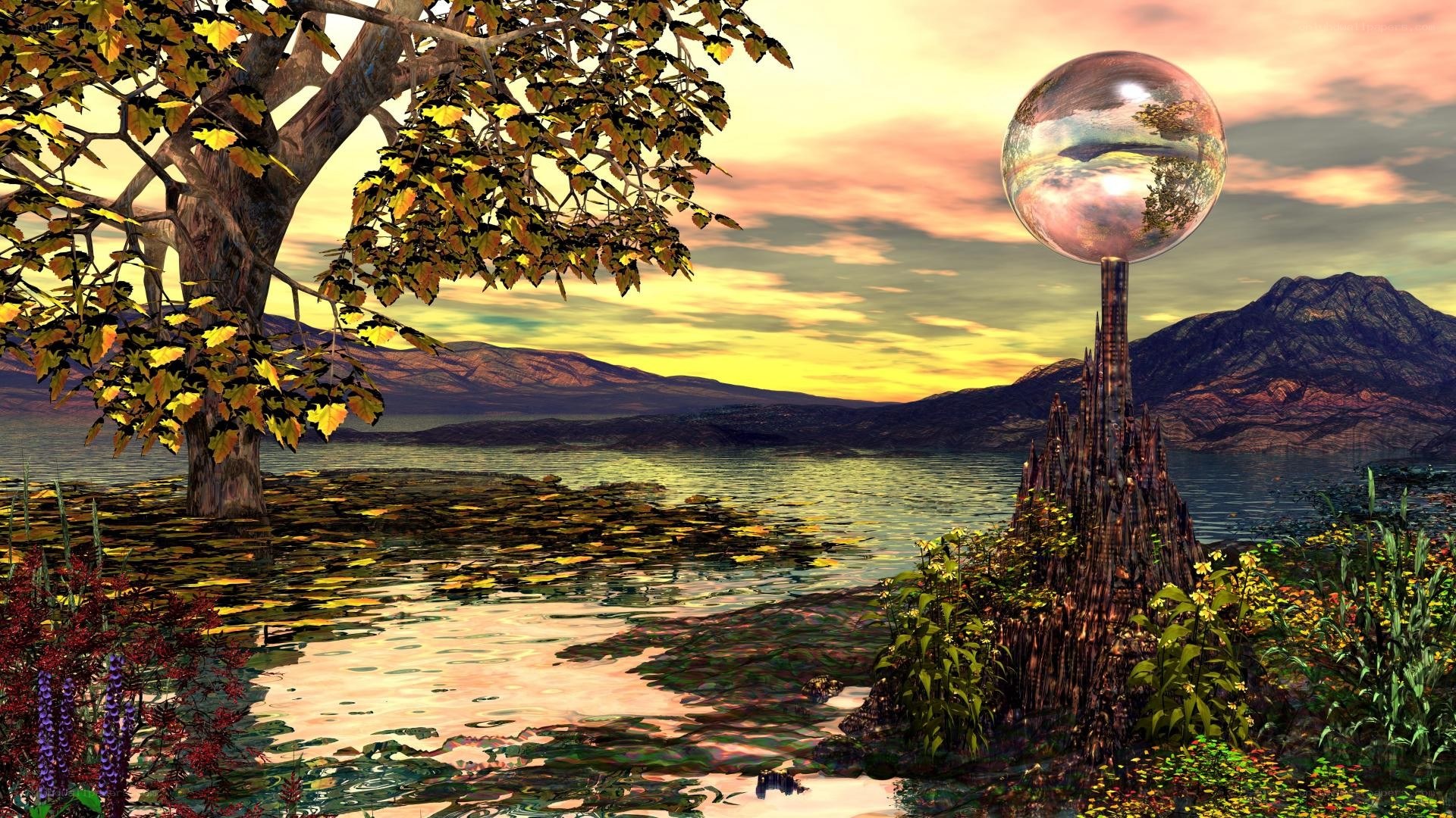 Surreal landscape with crystal sphere