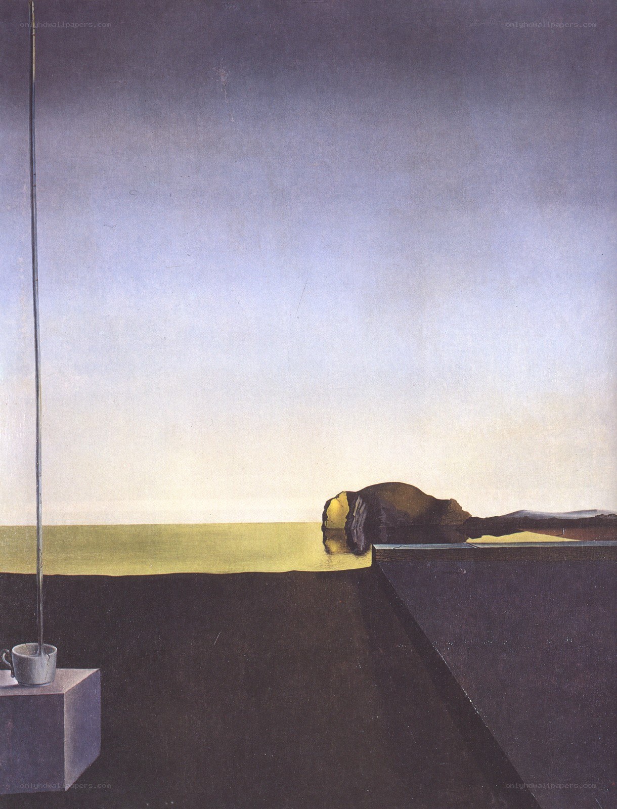 Surreal landscape with cup and pole