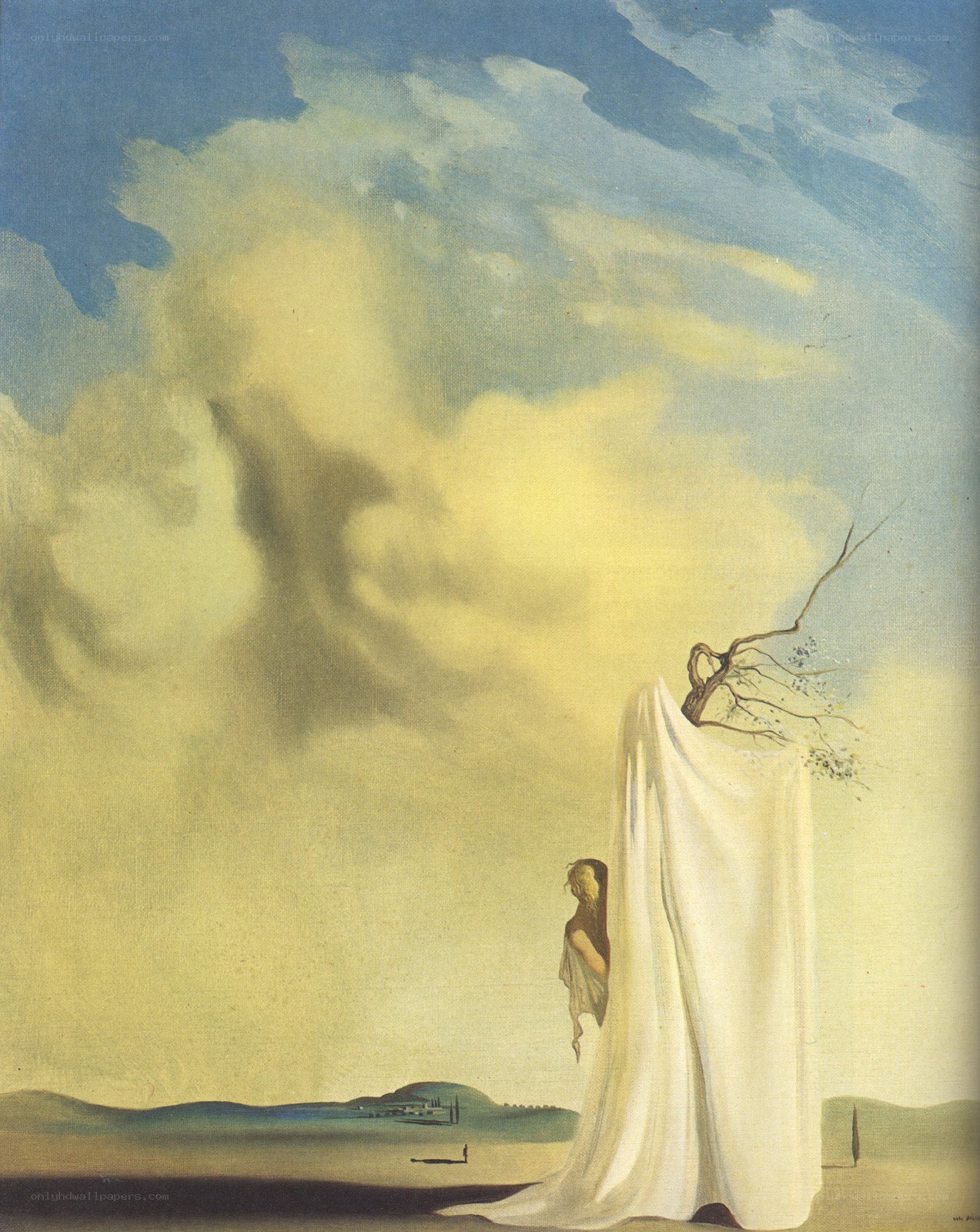 Surreal landscape with draped figure