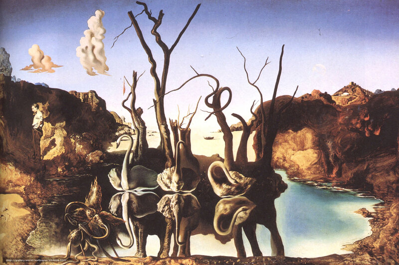 Surreal landscape with elephants