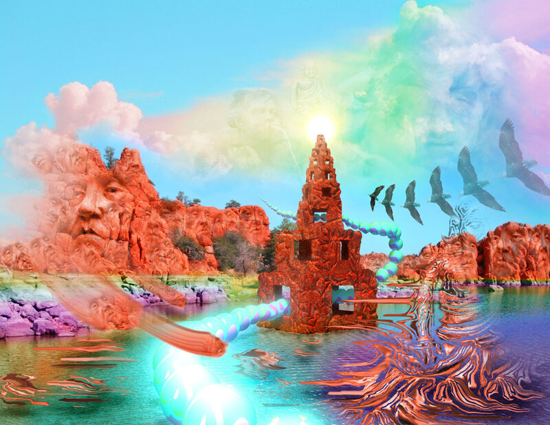 surreal landscape with faces and towers