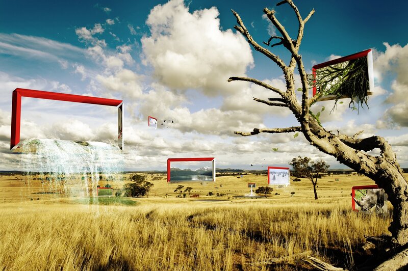 Surreal landscape with floating frames